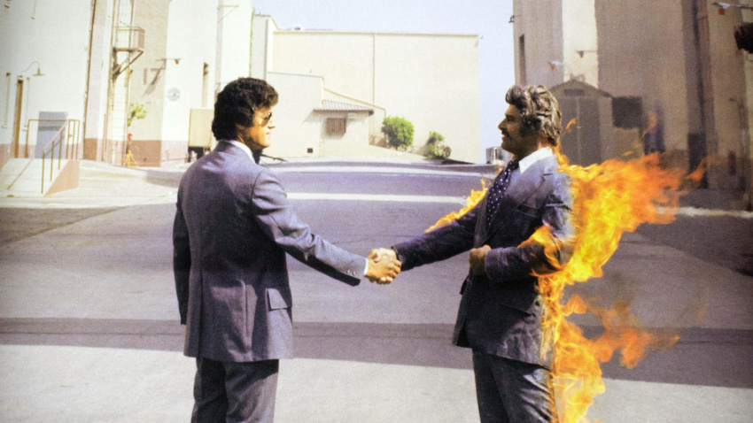 KEC5P6 October 15, 2017 - London, London, United Kingdom - A picture of the front cover of the album 'Wish You Were Here' is seen during the Pink Floyd exhibition..The Pink Floyd exhibition was held in London at Victoria and Albert Museum from 13 May 2017 to 15 October 2017. Visitors experienced a remarkable and unparalleled audio-visual journey from the beginning of the progressive music band until the present day by seeing their encounter costumes, music instruments, posters, artworks, sculptures, while watching videos and listening their music. Pink Floyd is an English progressive and psychedelic