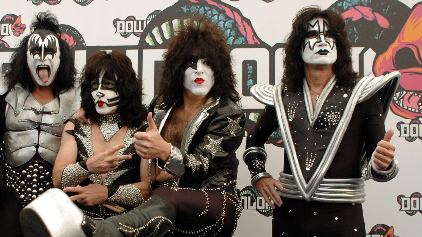 B2A5B8 Rock band Kiss pose at Download Festival 2008