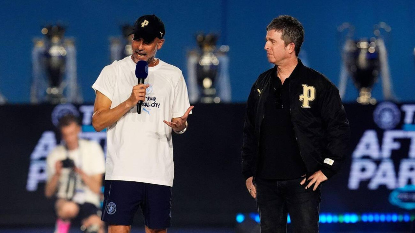 3EHPM0K 3EHPM0K Manchester City manager Pep Guardiola (left) and Noel Gallagher during The After Party at Co-op Live after a parade in Manchester to celebrate the achievements of the Manchester City men's and women's teams this season. Picture date: Monday May 25, 2026.