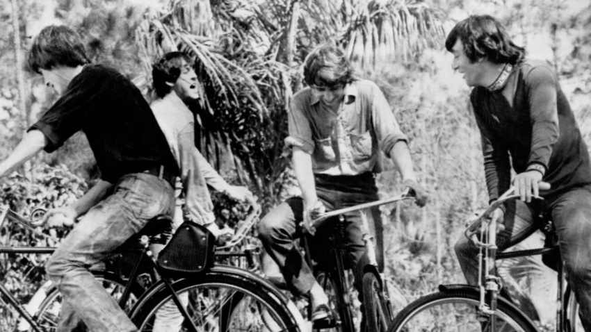 2Y7WG8A The Beatles on bicycles while shooting their film , " Help! " in the Bahamas 24th February 1965