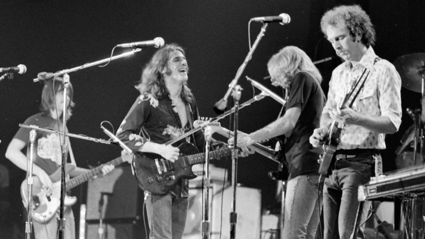 3D2E2F7 The Eagles rock band performs at Kent State University on May 3, 1975 in Kent, Ohio, United States. Among those in the group are (from left) Randy Meisner, Glenn Frey, Don Felder and Bernie Leadon.. Ernie Mastroianni photo