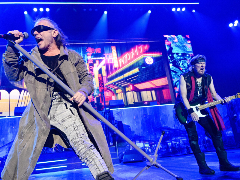 2R4XX8J Prague, Czech Republic. 30th May, 2023. Singer Bruce Dickinson, left, and guitarist Adrian Smith, right, of British heavy-metal band Iron Maiden perform during the concert of the band within The Future Past Tour 2023, on May 30, 2023, at the O2 Arena in Prague, Czech Republic. Credit: Vit Simanek/CTK Photo/Alamy Live News