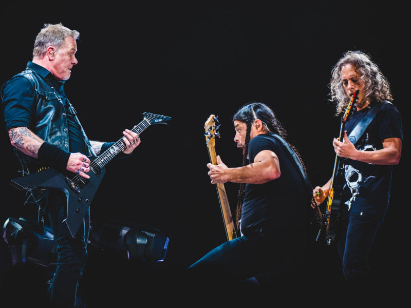 T7EY5D James Hetfield, Robert Trujillo and Kirk Hammett of the american heavy metal band Metallica performing live at Pala Alpitour in Turin, Italy, on 10 Fe