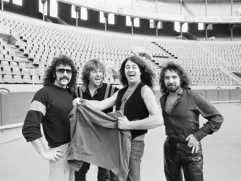 2J0NNWY Black Sabbath in Spain part of their European tour.(Picture) Heavy metal group Black Sabbath (clockwise) Tony Iommi, Bill Ward, Ian Gillan and Geezer Butler.14th September 1983