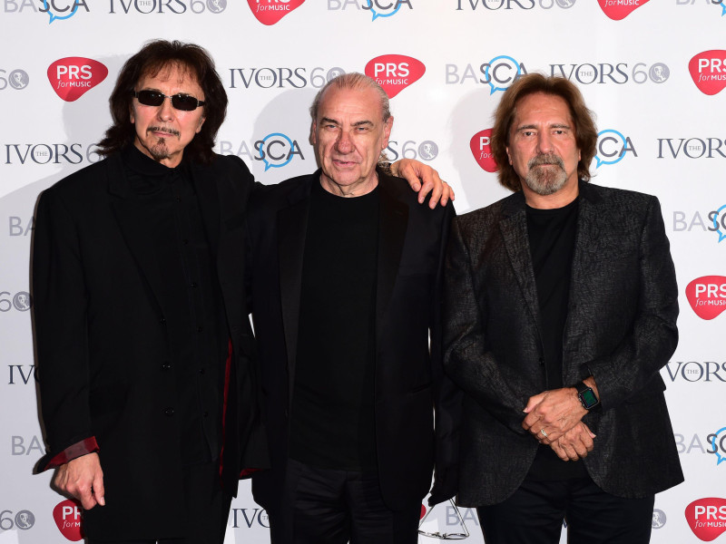 G80B4E (Left- right) Tony Iommi, Bill Ward and Geezer Butler of Black Sabbath arriving for the 60th annual Ivor Novello Awards, at Grosvenor House in London.