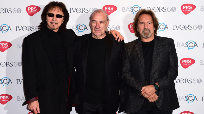 G80B4E (Left- right) Tony Iommi, Bill Ward and Geezer Butler of Black Sabbath arriving for the 60th annual Ivor Novello Awards, at Grosvenor House in London.