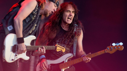 2A7RTD9 Concert with Iron Maiden. Adrian Smith and Steve Harris on stage.Photo Jeppe Gustafsson