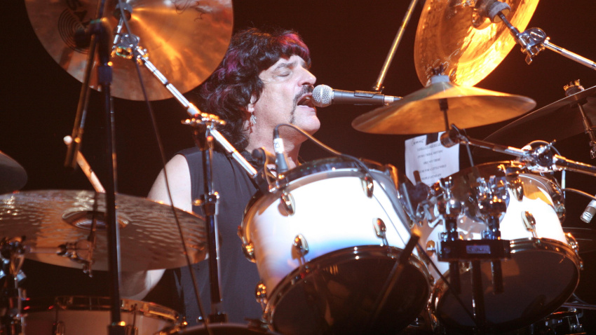 RMAJEH Drummer Carmine Appice of the psychedelic rock band Vanilla Fudge is shown performing onstage during a "live" concert appearance.
