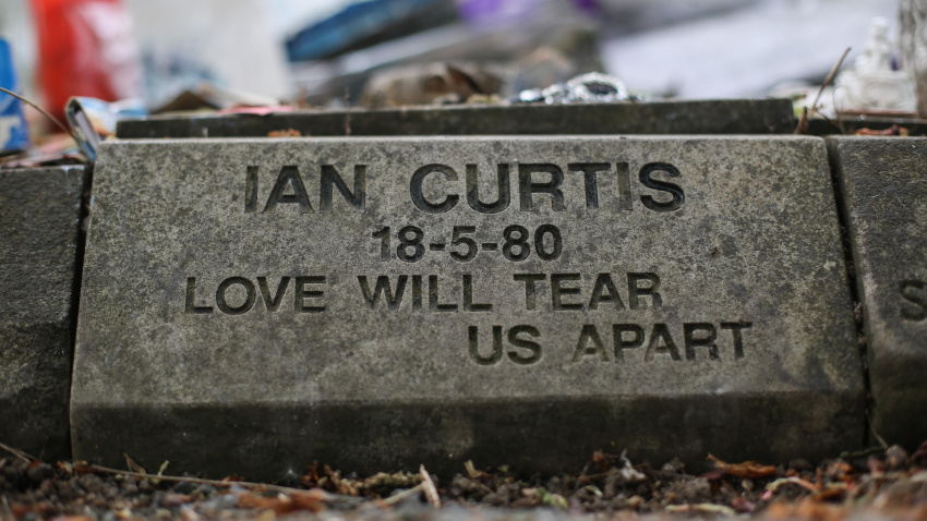 JAAWGG Ian Curtis' memorial stone at  Macclesfield Crematorium in Macclesfield, Cheshire, UK. The English singer-songwriter and musician was best known as th