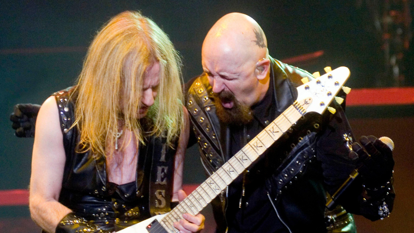 3BA7B8D KK Downing and Rob Halford of Judas Priest performing live at 'Priest Feast' held at the Sheffield Arena - 13 February 2009