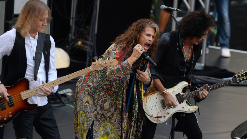 2XP2JR2 Tom Hamilton, Steven Tyler and Joe Perry of Aerosmith during their performance on NBC's "Today" Show at Rockefeller Plaza on August 15, 2018 in New Yo