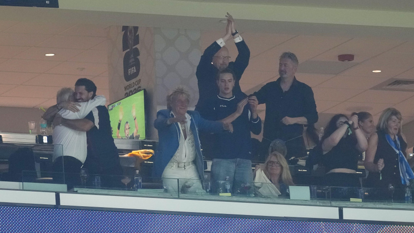 Alamy Live News. 3EP8GXF Sir Rod Stewart (third left) celebrates in the stands after the FIFA World Cup Group C match at Boston Stadium, Foxborough. Picture date: Saturday June 13, 2026. This is an Alamy Live News image and may not be part of your current Alamy deal . If you are unsure, please contact our sales team to check.