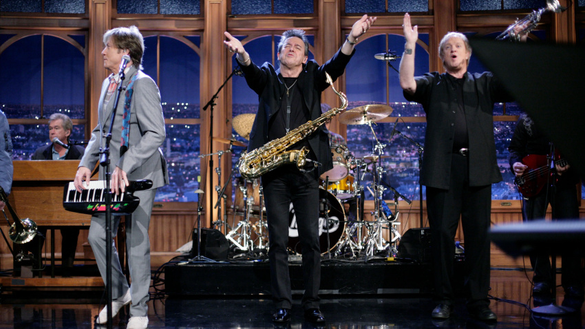 HWY2JA The band, Chicago, with members Robert Lamm on lead vocals and keyboard, Bill Champlain on guitar, Jason Scheff on bass, Keith Howland on guitar, James Pankow on trombone, Walt Parazaider on woodwinds, Tris Imboden on drums and Lee Loughnane on trumpet, perform during a segment of 'The Late Late Show with Craig Ferguson' at CBS Television City in Los Angeles, California, on March 9, 2009. Photo by Francis Specker