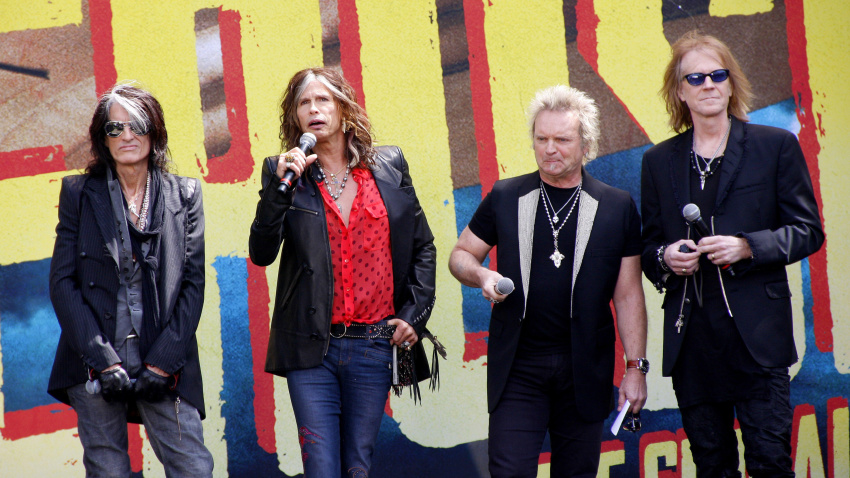 F4R958 March 28, 2012. Steven Tyler, Joey Kramer, Joe Perry and Tom Hamilton at the Aerosmith "The Global Warming" Press Conference.