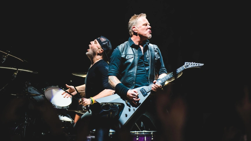 T7EXFG Lars Ulrich and James Hetfield of the american heavy metal band Metallica performing live at Pala Alpitour in Turin, Italy, on 10 February, 2018.