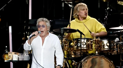 20 June 2023, Berlin: Roger Daltrey, singer, and Zak Starkey, drummer, of the band The Who perform at the concert of The Who with Orchestra - "Hits Back!" at the Waldbühne in Berlin. Photo: Carsten Koall/dpa