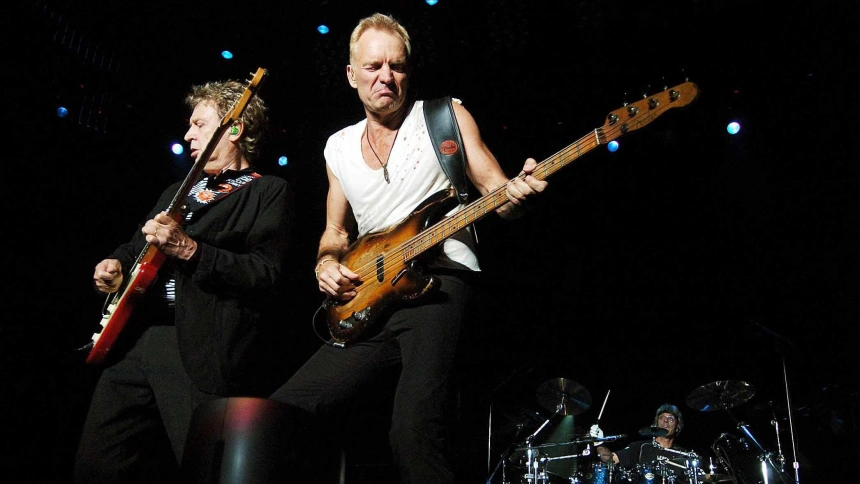 GAARF2 (Left-right) Andy Summers, Sting & Stewart Copeland of the Police in concert at the National Indoor Arena in Birmingham.