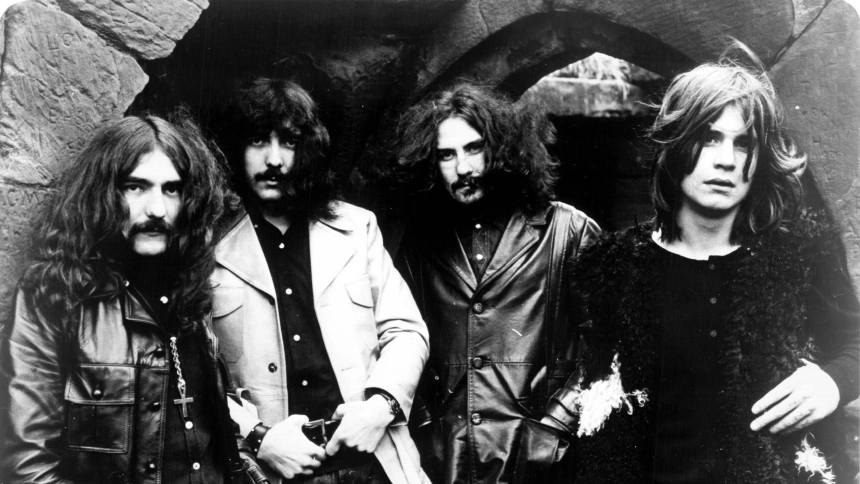 3CFK1H6 Trade ad for Black Sabbath's album Black Sabbath (1970). From left to right: Geezer Butler, Tony Iommi, Bill Ward, Ozzy Osbourne.