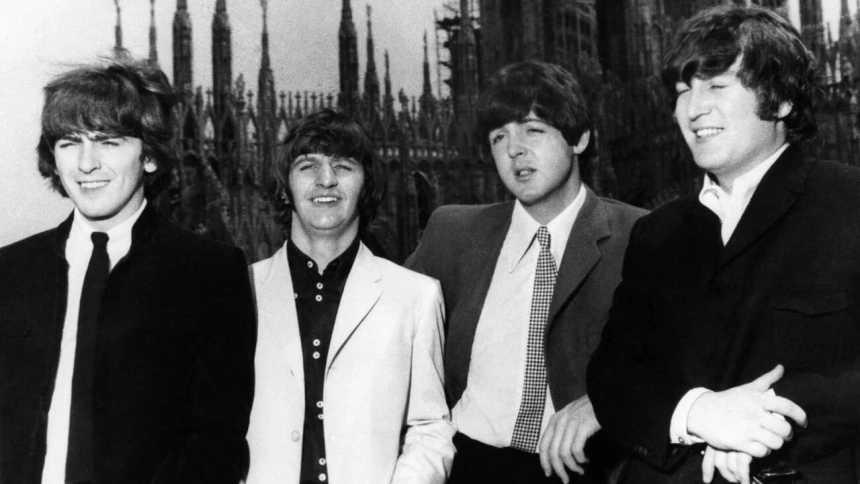 FFYE5T THE BEATLES, 1965. /nThe Beatles in Milan, Italy. Photograph, 1965. Left to right: George Harrison, Ringo Starr, Paul McCartney and John Lennon.