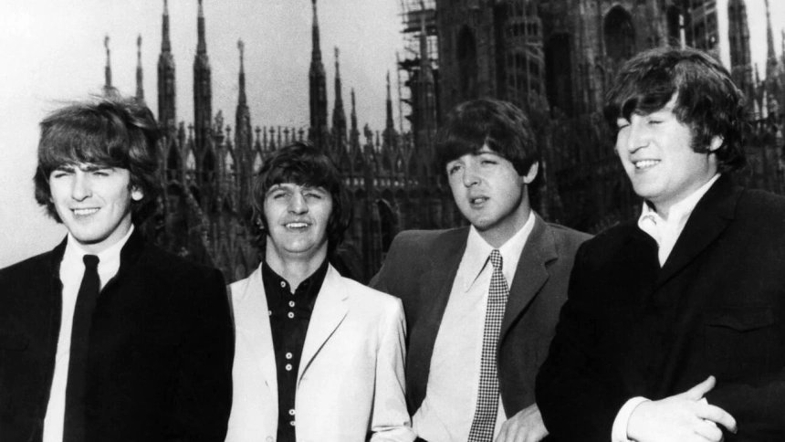 FFYE5T THE BEATLES, 1965. /nThe Beatles in Milan, Italy. Photograph, 1965. Left to right: George Harrison, Ringo Starr, Paul McCartney and John Lennon.