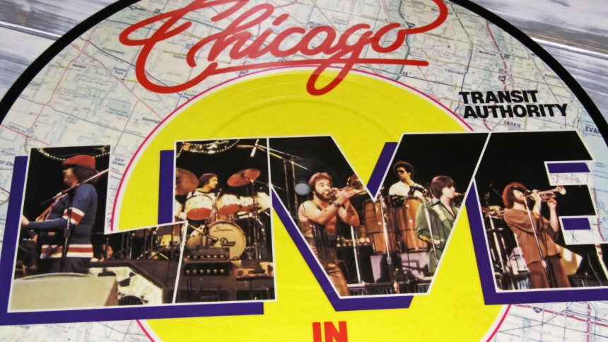 2M7GBAP Viersen, Germany - November 9. 2022: Closeup of isolated vinyl picture disc record of band Chicago live in concert in Toronto