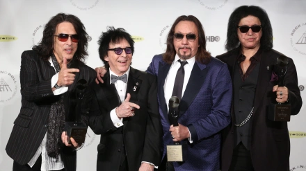 3CY1J30 Inductees Paul Stanley, Peter Criss, Ace Frehley and Gene Simmons of KISS attend the 29th Annual Rock And Roll Hall Of Fame Induction Ceremony at Barc